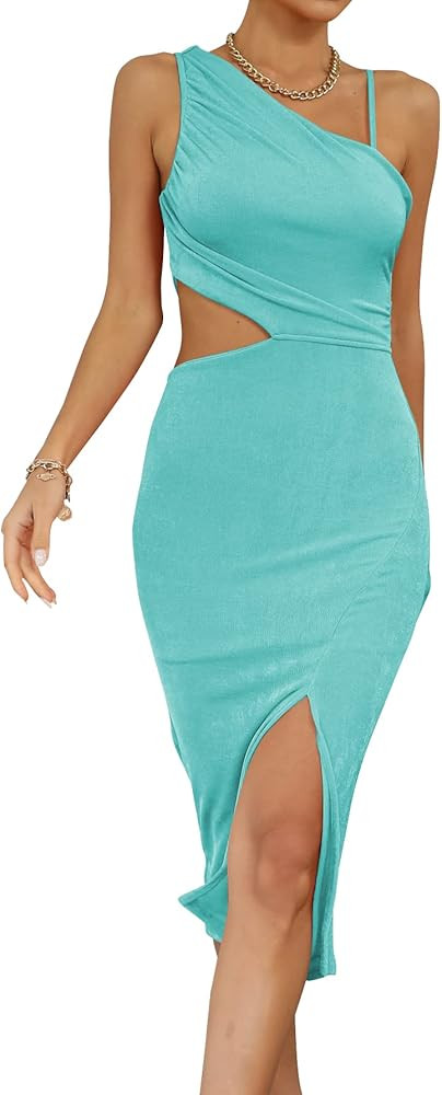 LYANER Women's One Shoulder Ruched Cut Out Split Slit Hem Sleeveless Bodycon Tank Midi Dress | Amazon (US)