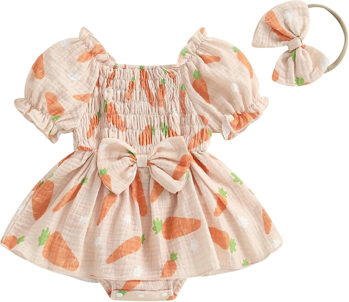 Lamuusaa Newborn Baby Girl Easter Outfit Smocked Bunny/Carrot Romper Cotton Linen Bodysuit Headba... | Amazon (US)