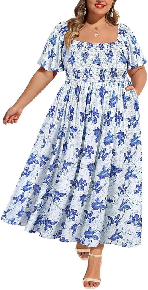 RITERA Plus Size Dresses for Curvy Women Square Neck Short Sleeve Summer Floral Smocked Maxi Dres... | Amazon (US)