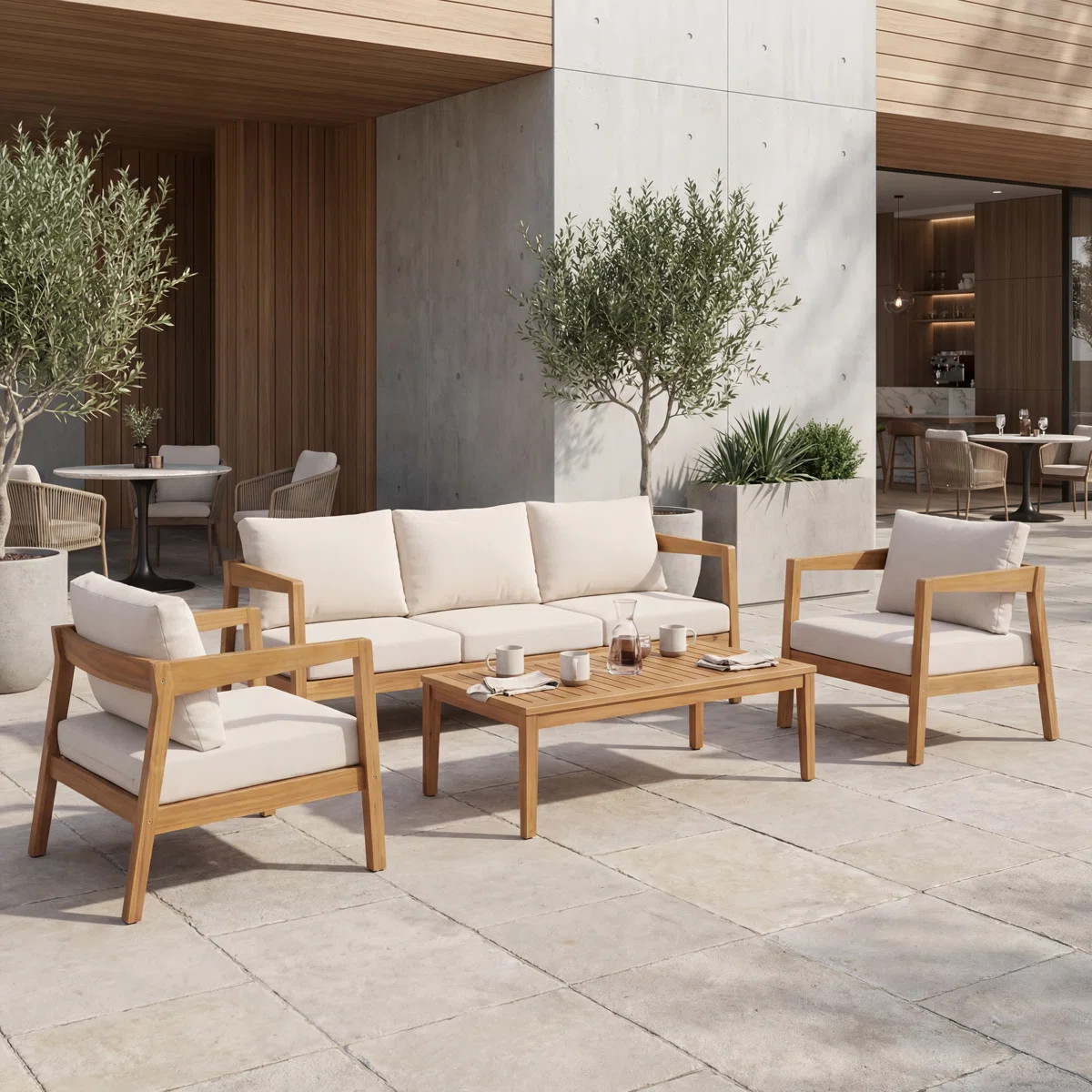 Kyric Outdoor 4-Piece Outdoor Acacia Wood Conversation Set With Slatted Tabletop & Cushions | Wayfair North America