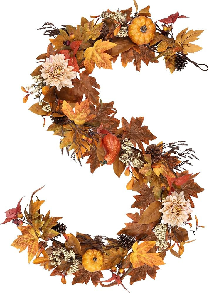 Fall Garland 6Ft Lifelike Autumn Maples Leaf Pumpkin Garland with Berries Pine Cones, Fall Decora... | Amazon (US)