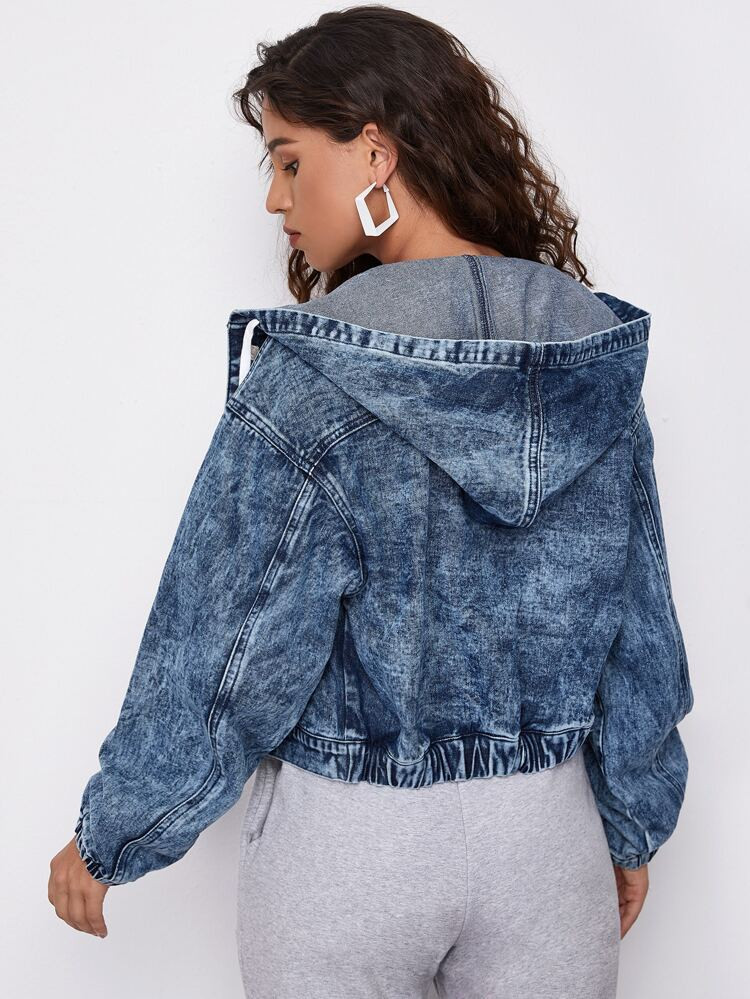 Button Front Drawstring Hooded Denim Jacket | SHEIN