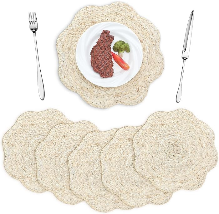 6 Set 13 Inch Round Scalloped Woven Placemats Boho Rattan Natural Hand Woven Place Mats Farmhouse... | Amazon (US)
