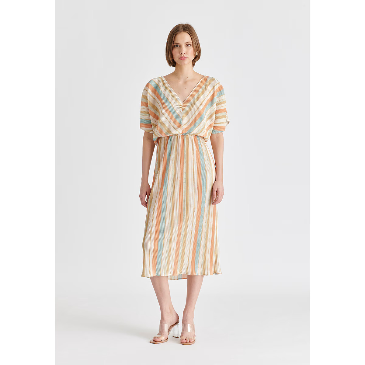 Two-Way Plisse Dress In White, Blue, Orange And Gold | Wolf & Badger