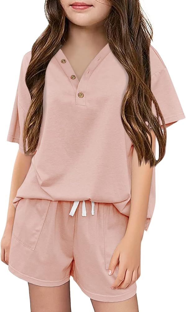 Ermonn Girls Kids 2 Piece Outfits Button Front Tops Drawstring Waist Shorts Set Loose Cute Tracks... | Amazon (US)