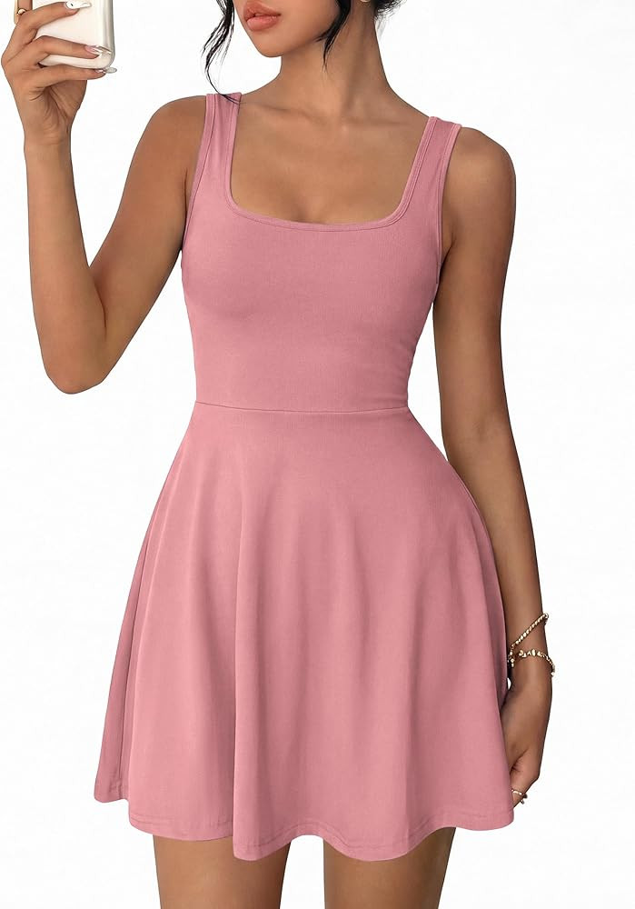 MASCOMODA Womens Sleeveless Mini Dress Summer 2026 Square Neck A Line Fit and Flared Cute Tank To... | Amazon (US)