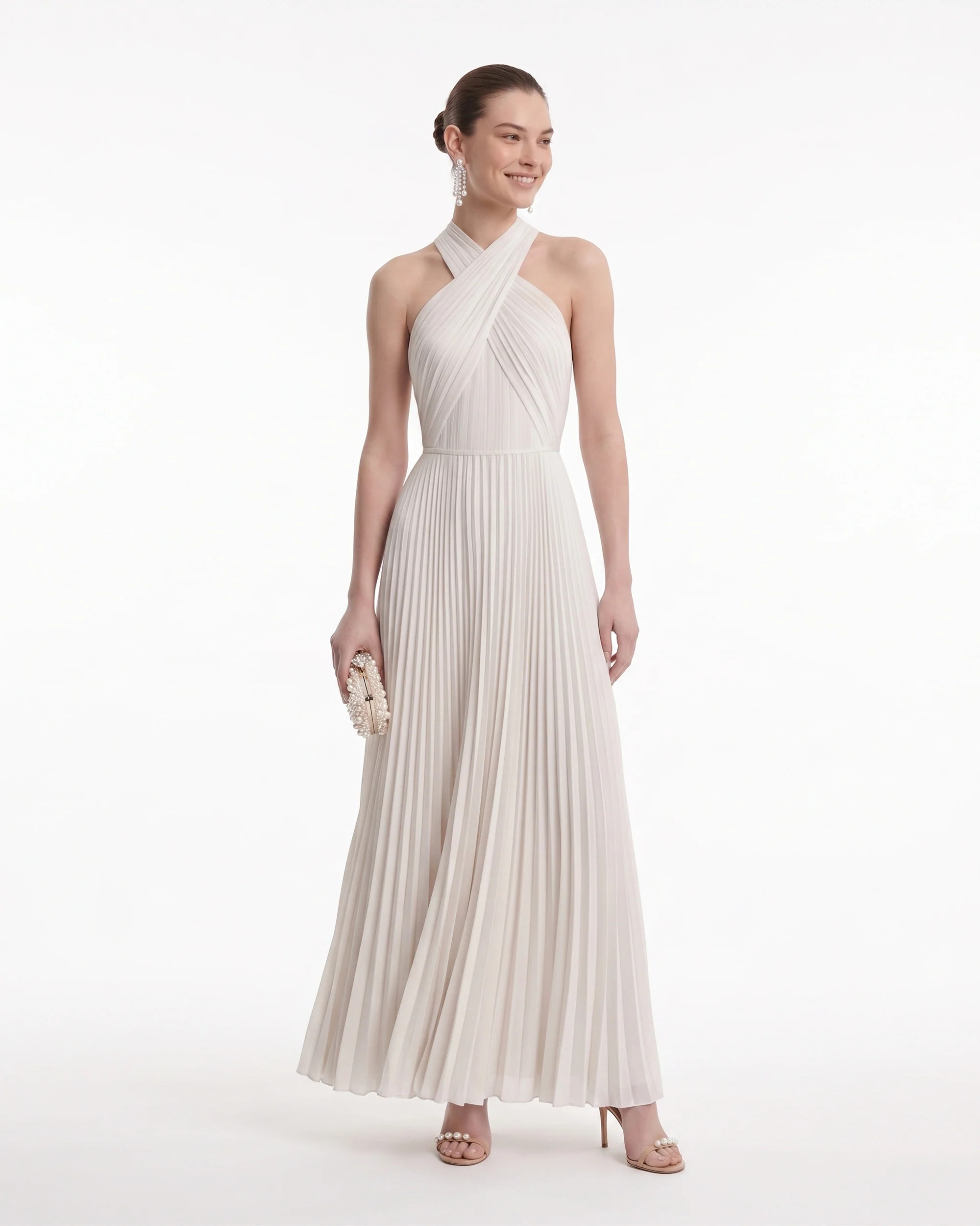Pleated Cross Halter Maxi Dress - Ivory | JW PEI US