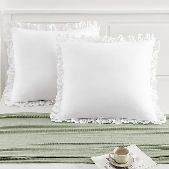 TOSMO 100% Linen Ruffle Pillowcase Euro Size, Linen Pillow Shams Set of 2, Stone-Washed Square Th... | Amazon (US)