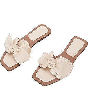 LAICIGO Women's Square Open Toe Slide Sandals Bowknot Slip-on Backless Faux Suede Summer Flats Sa... | Amazon (US)