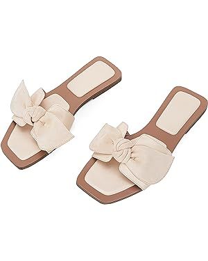 LAICIGO Women's Square Open Toe Slide Sandals Bowknot Slip-on Backless Faux Suede Summer Flats Sa... | Amazon (US)