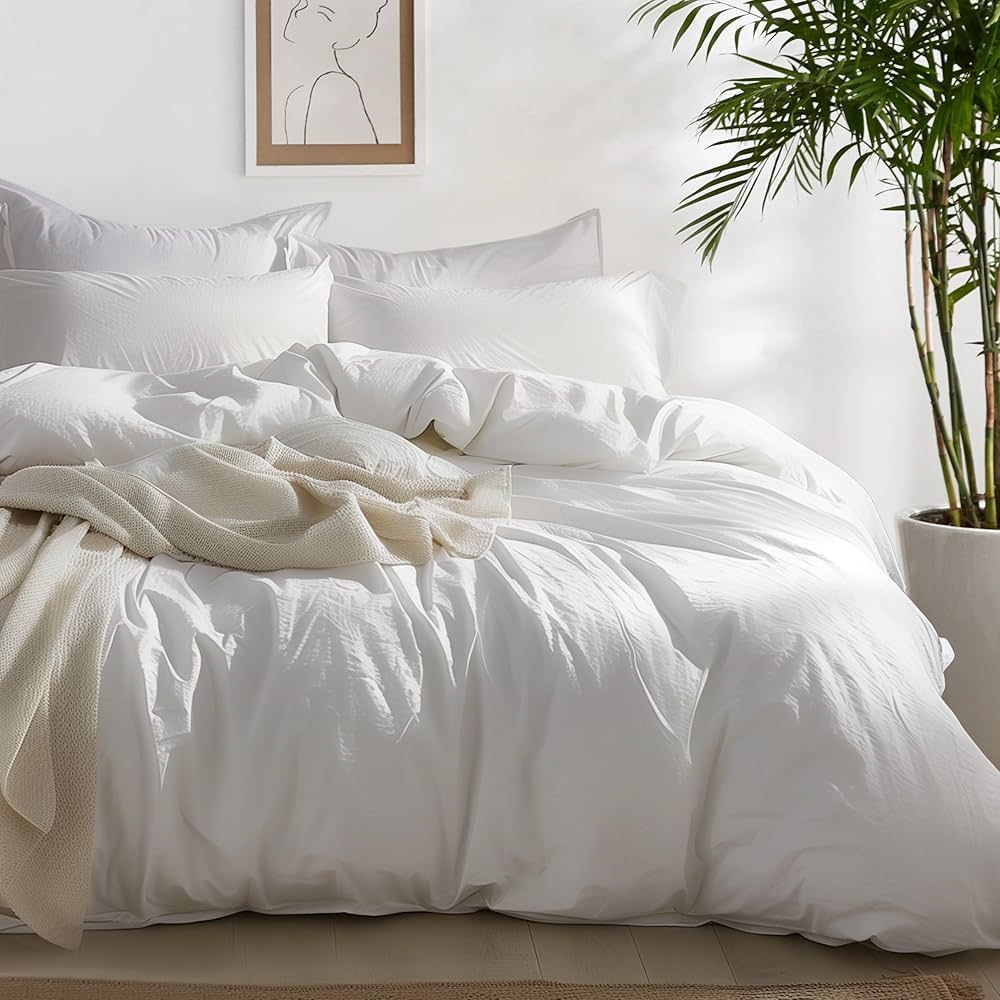 Bedsure 100% Washed Cotton Duvet Cover Queen Size - Natural White Minimalist Duvet Cover for All ... | Amazon (US)