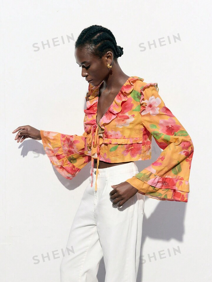 SHEIN Maija Women's Cruise Trip Summer Floral Print Ruffled Collar Tied Flare Sleeve Blouse | SHEIN