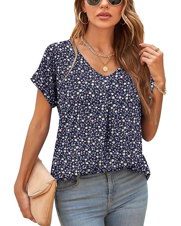 QUEZHU Summer Blouses for Women Elegant Casual V Neck Chiffon Blouses Tops Shirts | Amazon (US)