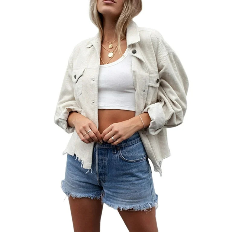 Cathery Women Corduroy Cropped Jacket Frayed Hem Button Down Long Sleeve Casual Loose Solid Color... | Walmart (US)