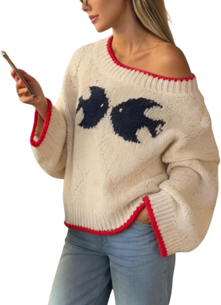 Verdusa Women's Oversized Off The Shoulder Sweater Fish Print Fall Argyle Knit Pullover Tops Wint... | Amazon (US)