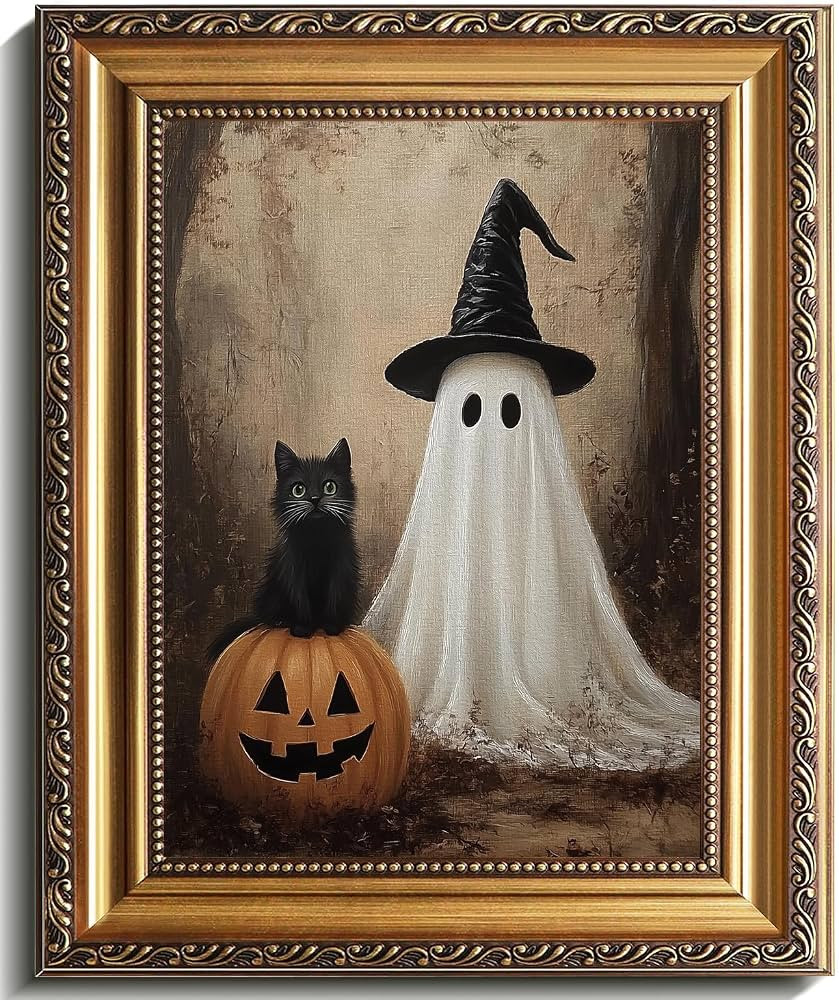 uniro Vintage Gold Framed Wall Art, Vintage Cute Ghost & Black Cat in Dark Fall Forest Halloween ... | Amazon (US)