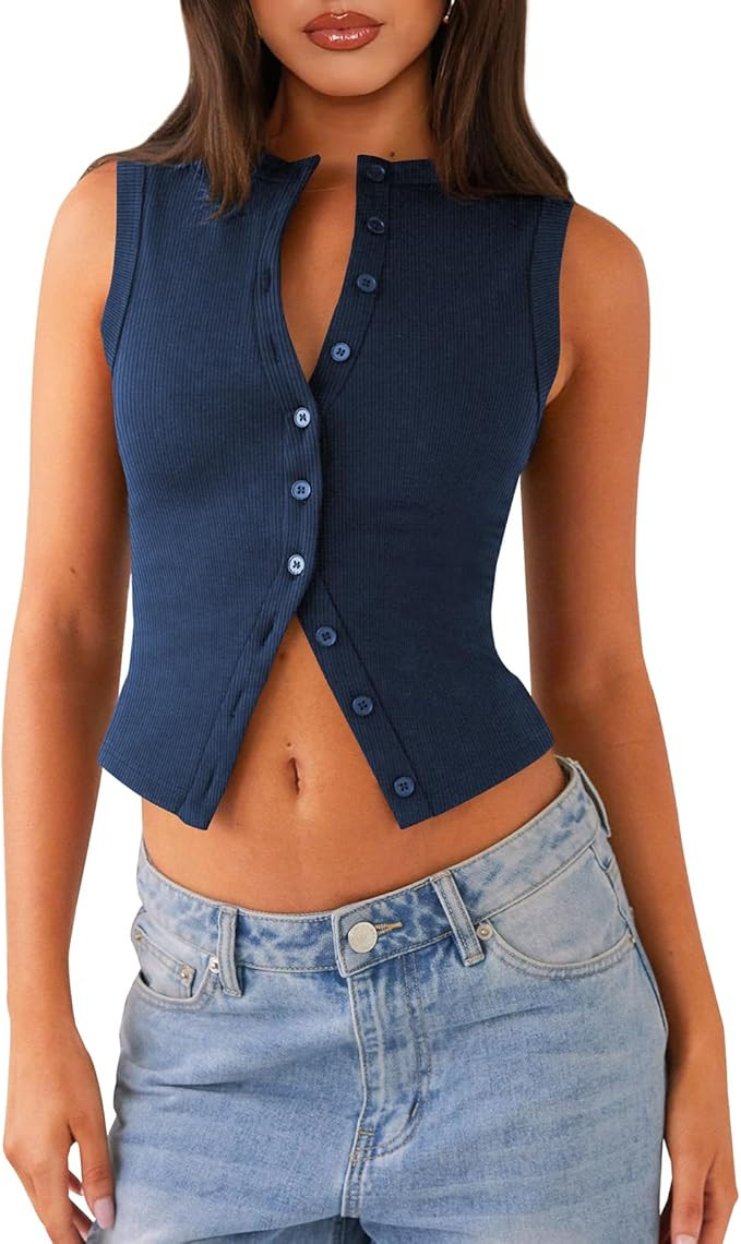 Womens Button Down Tank Top Sleeveless Ribbed Fitted Vest Casual Crewneck Trendy Y2K Going Out Cr... | Amazon (US)