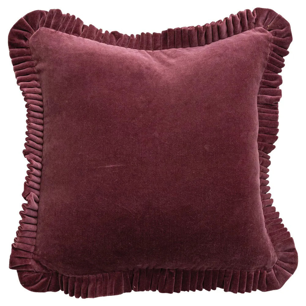 Camilla Updated Traditional Burgundy Velvet Ruffled Throw Pillow - 18x18 | Kathy Kuo Home