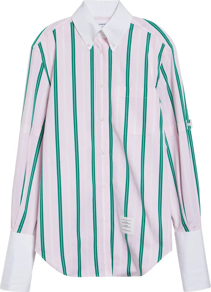Repp Stripe Oversize Button Armband Cotton Poplin Button-Down Shirt | Nordstrom