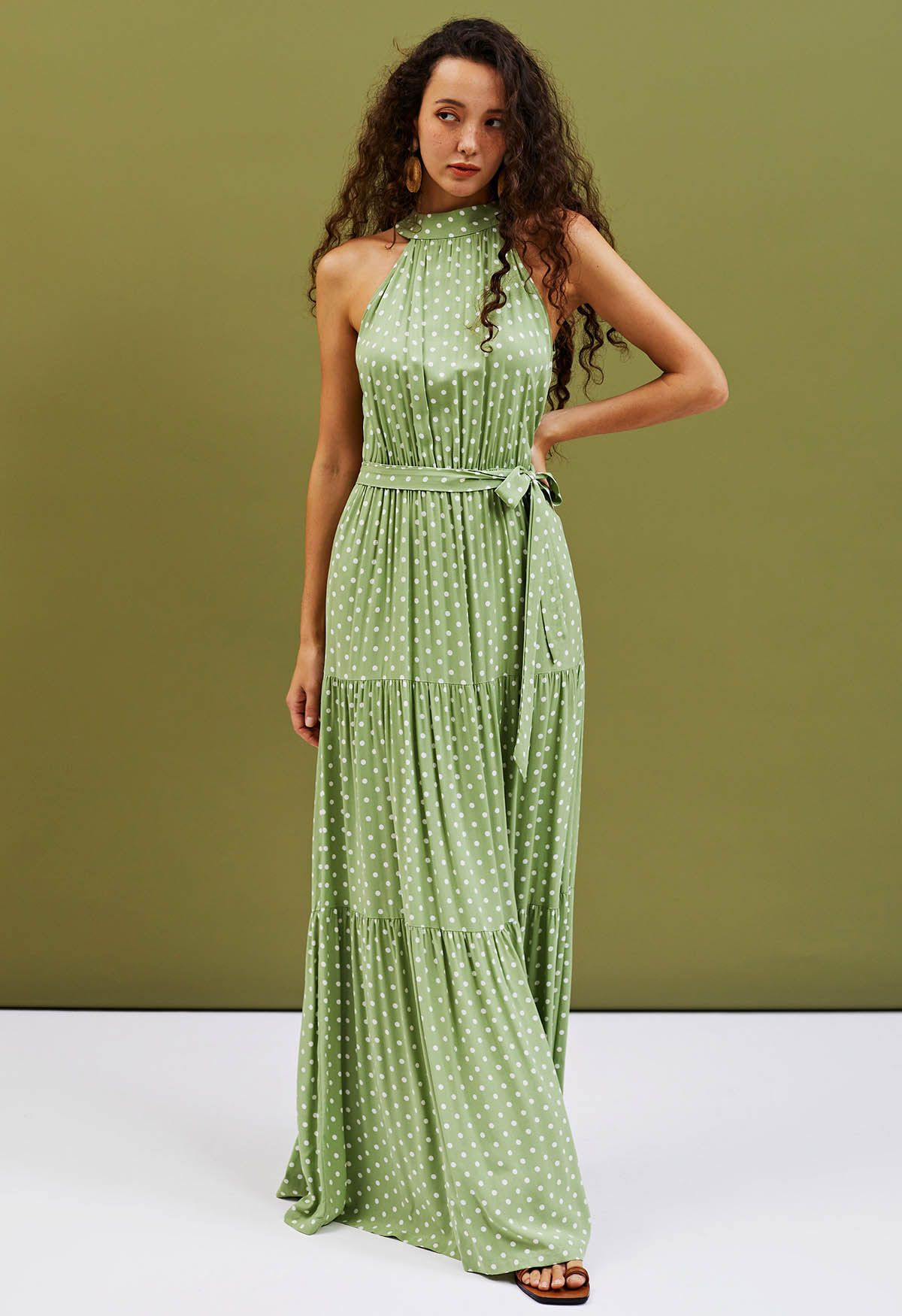 Halter Neck Tie Waist Maxi Dress in Green Dots | Chicwish