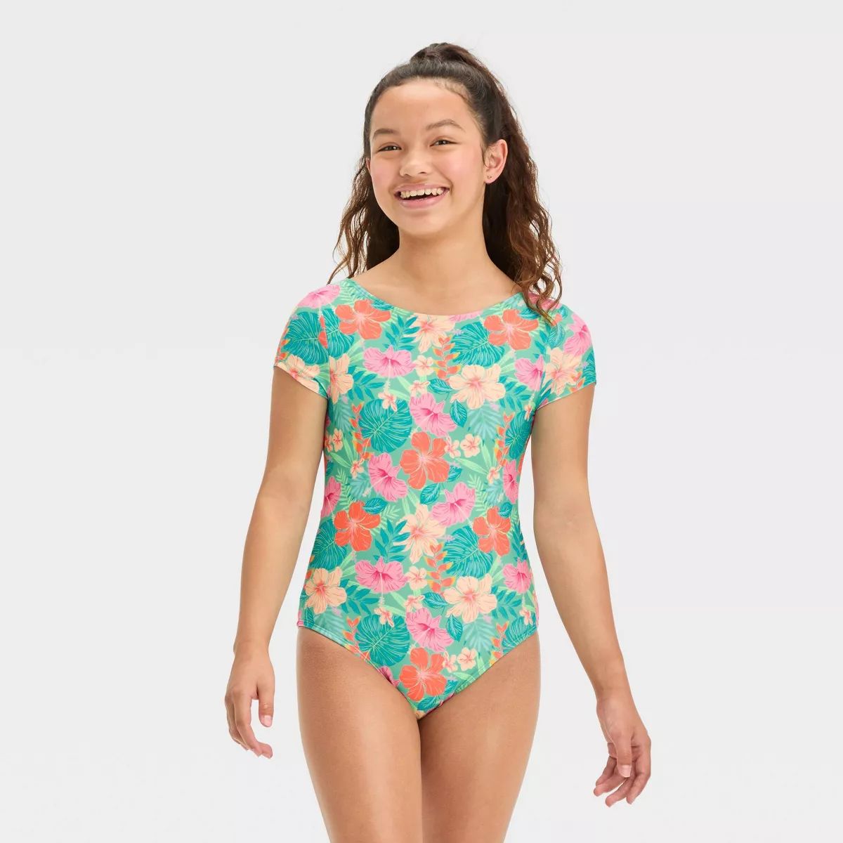 Girls' Tropical Vacay Floral Printed One Piece Rash Guard Swimsuit - art class™ XS | Target