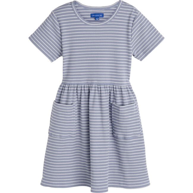Marla Short Sleeve Ribbed Dress, Dusty Blue & Pale Blue | Maisonette