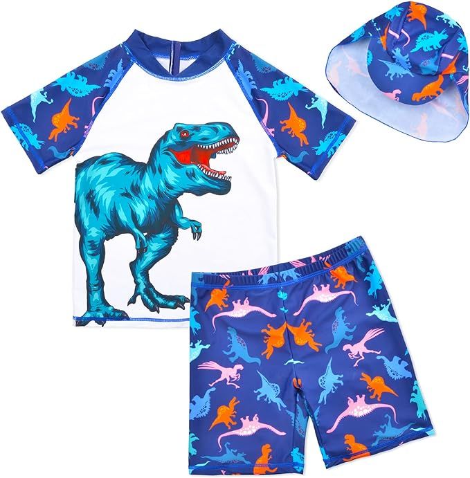 Boys Two Piece Rash Guard Swimsuits Kids Short Sleeve Swimwear Sets Bathing Suit with Sun Hat for... | Amazon (US)