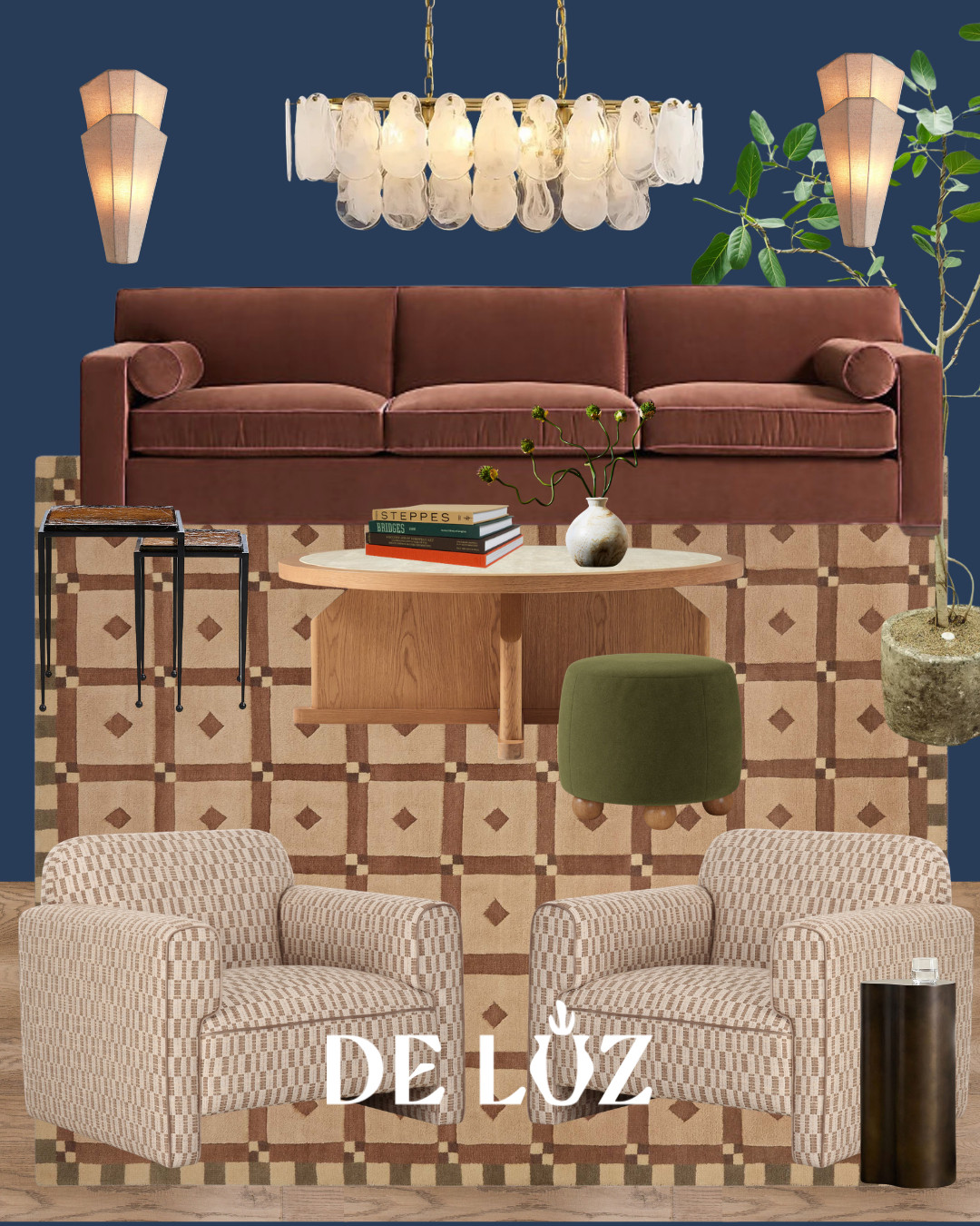 I started this room with the idea of something moody, warm and layered. The blue walls make the wine sofa feel less cool. The rug might feel like a bold choice at first, but checkerboard is such a classic pattern, and in this softer palette it gives the room a little personality without taking over. The light nutmeg coffee table with a travertine top brings in another layer of warmth and texture.

What I like most is the mix. A little Deco, a little vintage, a little sculptural, nothing too perfect and nothing trying too hard. It feels collected instead of decorated. 

 #LTKselfcare #LTKHome #LTKTravel