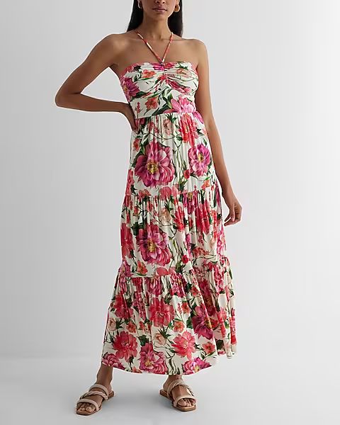 Floral Halter Neck Ruched Strappy Back Tiered Maxi Dress | Express
