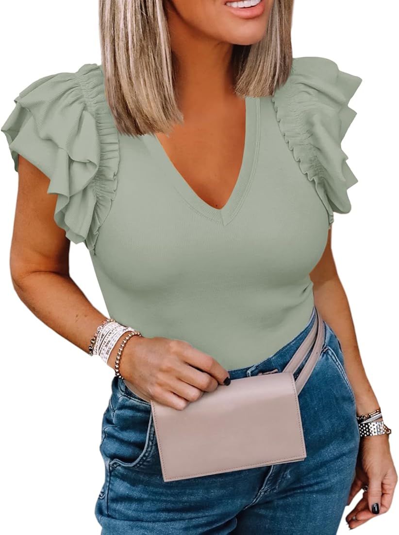 Womens Summer V Neck Shirts Ruffle Short Sleeve Slim Fit Knit Ribbed Tops | Amazon (US)