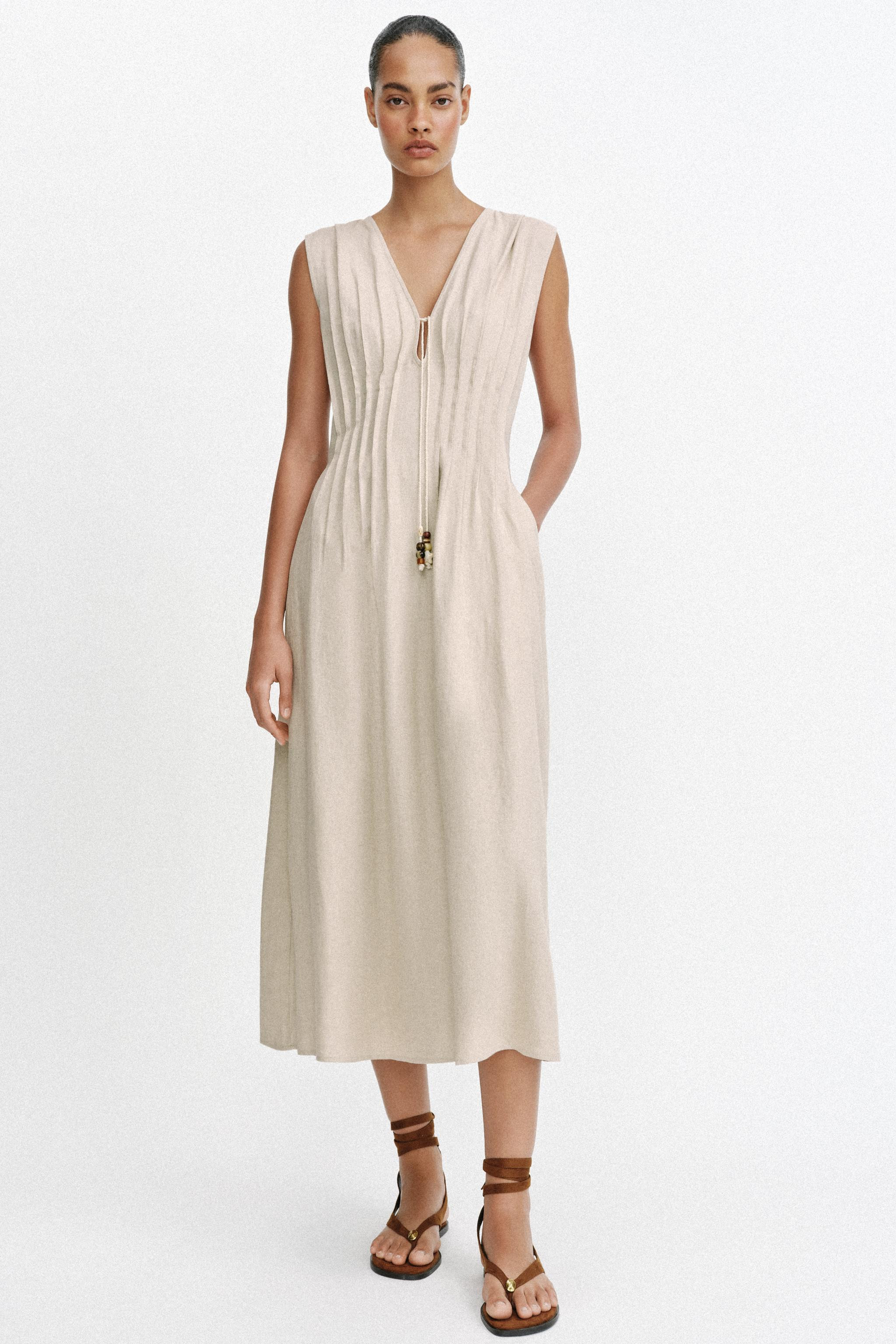 MIDI LINEN BLEND DRESS WITH TUCKS | Zara UK