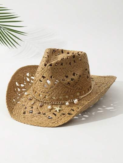 1 pieza de sombrero de vaquero unisex con decoración de cabeza de ganado, sombrero de vaquera con estampado hueco, sombrero informal para el sol, sombrero de playa para viajes de primavera y verano, sombrero de paja | SHEIN