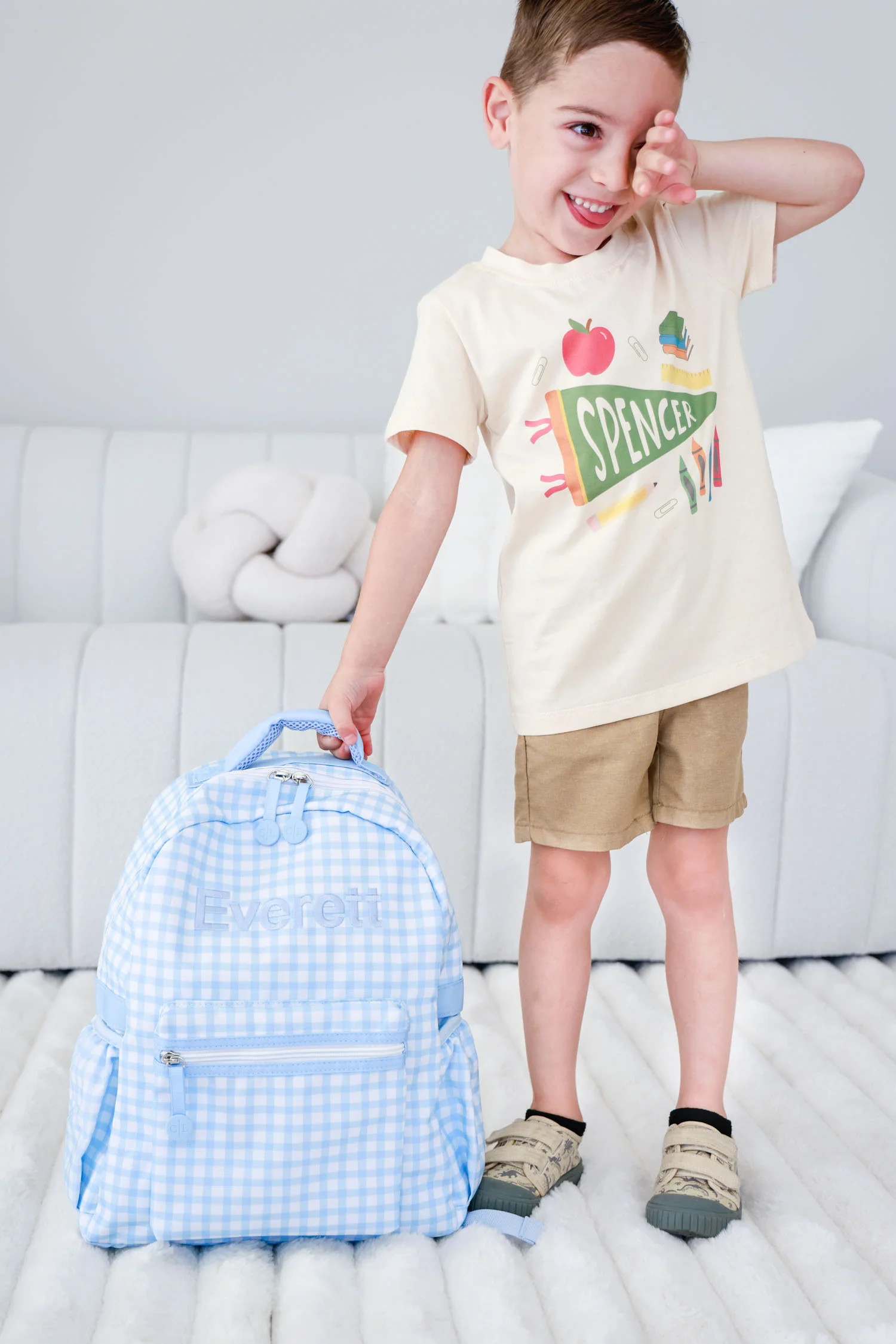 Kids Embroidered Backpack | Blue Gingham | Caden Lane