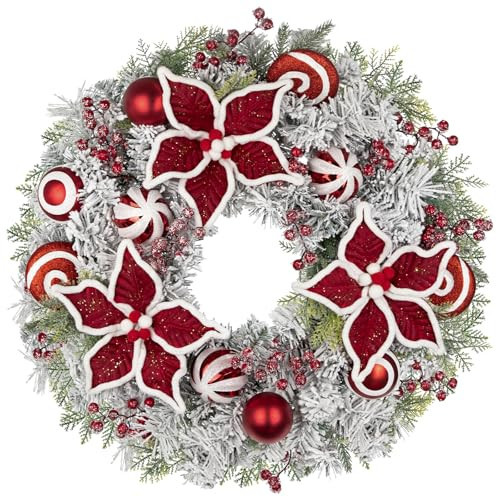 24 inch Christmas Door Wreath, Poinsettia Wreaths for Front Door with Candy Cane Red and White Ball Berries for Fireplace Xmas Decorations, Wall Window Indoor Outdoor Holiday Decor | Amazon (US)