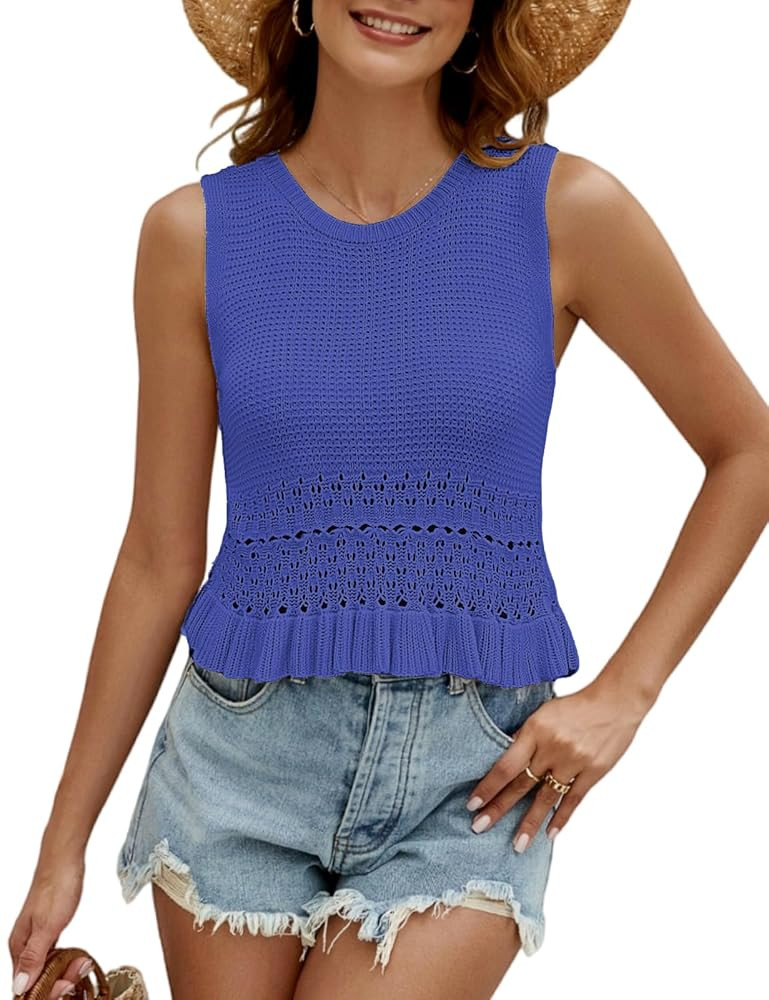 VIMPUNEC Womens Summer Crop Tank Tops Cute Knit Sweater Vest Crochet Sleeveless Pullover Top | Amazon (US)