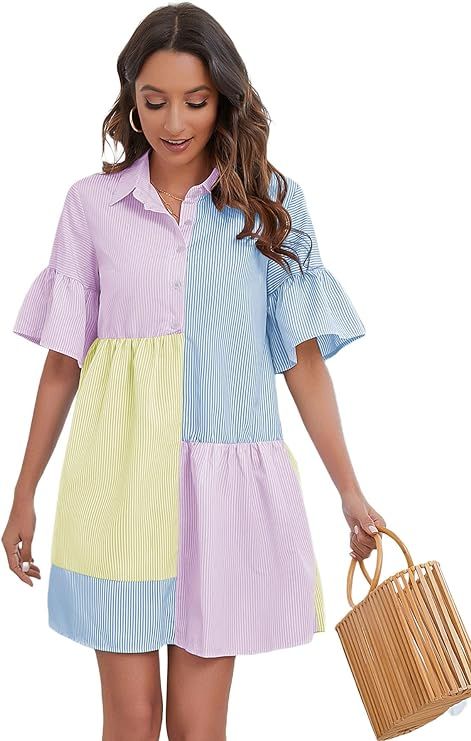 MakeMeChic Women's Casual Striped Color Block Bell Sleeve Summer Tunic Short Dress | Amazon (US)