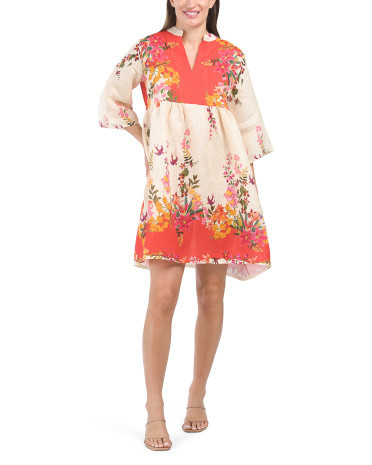 Made In Italy Linen Floral Border Print Mini Dress | TJ Maxx
