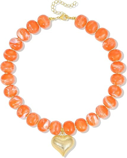 KELORIS PATH Chunky Resin Beaded Necklace for Women | 14K Gold Plated Brushed Puffy Heart Pendant... | Amazon (US)