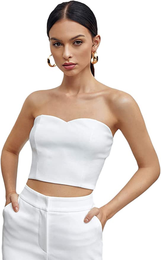 SheIn Women's Sexy Bandeau Top Strapless Sleeveless Bandeau Zip Back Tube Top | Amazon (US)