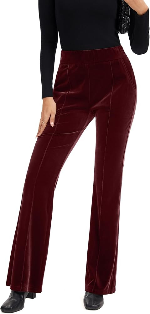 FUNYYZO Women's Velvet Elastic Waist Flare Leg Palazzo Long Pants Trousers Bell Bottom Casual Str... | Amazon (US)