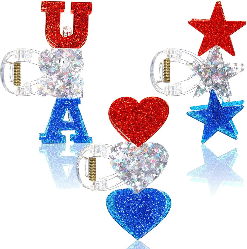 4th of July Patriotic Hair Accessories Hair Claw Clips Red White and Blue Claw Clip Heart Accesso... | Amazon (US)