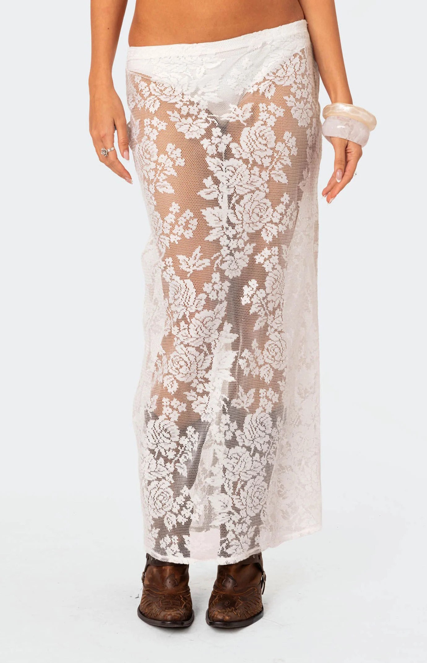 Edikted Women's Bess Sheer Lace Maxi Skirt in White - Size XS | PacSun