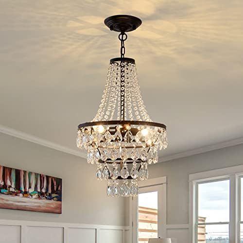 DAFKOS 3 Lights Crystal Chandelier,Modern Adjustable Hanging Ceiling Light Fixture,Black Pentdant Li | Amazon (US)