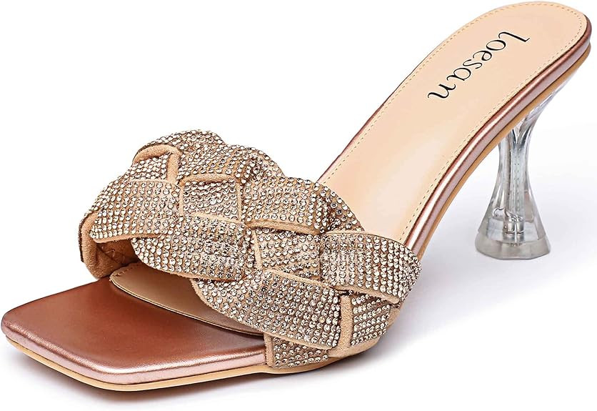 Women's Rhinestone Braided Heels Sandals Square Open Toe Clear Lucite Heeled Mules Slip On Dress ... | Amazon (US)