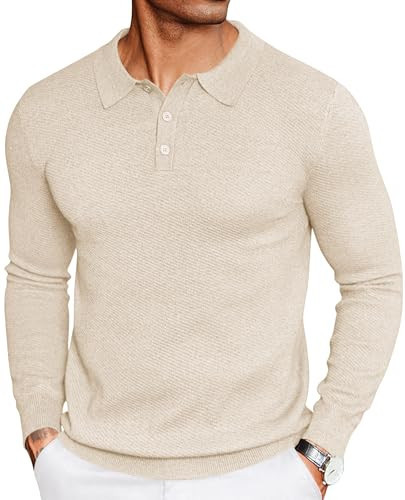 COOFANDY Men's Classic Knit Polo Shirt Long Sleeve Collared Sweaters 1/4 Button Ribbed Pullovers Casual Winter Sweater Beige | Amazon (US)