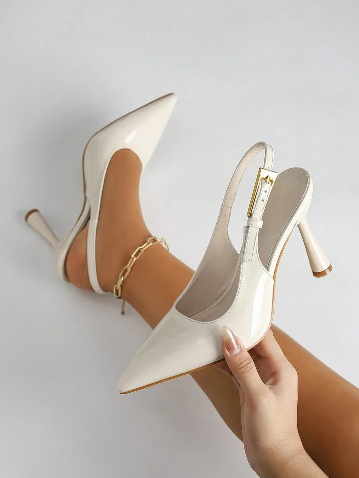 Women Pointed Toe Fashion Buckle Patent Leather Heeled Slingback Shoes | SHEIN