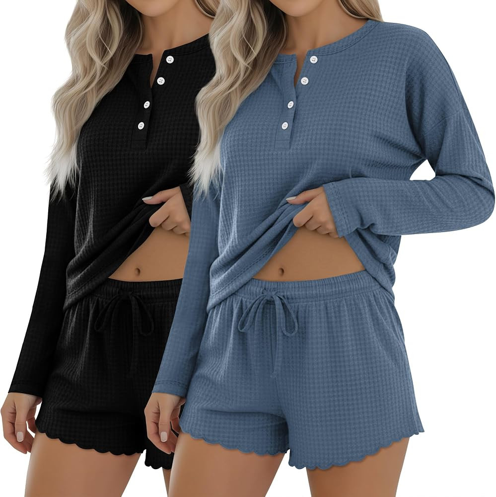 2 Pack Shorts Sets for Women Waffle Pajama 2 Piece Sets Lounge Lightweight Matching Loungewear Sl... | Amazon (US)