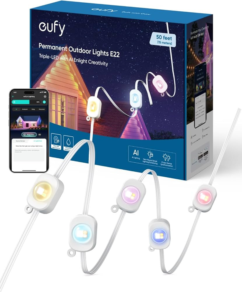 eufy Permanent Outdoor Lights E22, 50ft with 30 Triple-LED Lights, Smart RGBWW Christmas Lights, ... | Amazon (US)