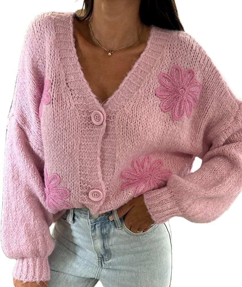 Women's Chunky Knit Open Front Sweater Flower Long Lantern Sleeve Button Loose Cardigan Outerwear... | Amazon (US)