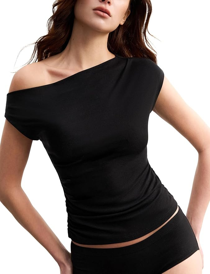Women's Ultralight Merino Wool Off-Shoulder Tops Short Sleeve Going Out Top Cute Y2K Shirts Summe... | Amazon (US)